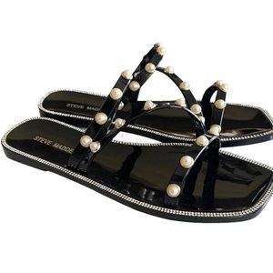 STEVE MADDEN Nonii Black Pearl Studded Square Toe Sandal